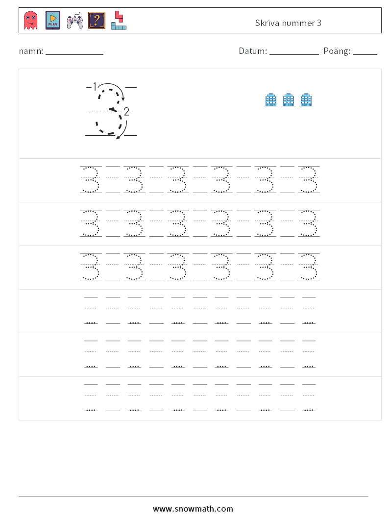 Skriva nummer 3 Matematiska arbetsblad 19