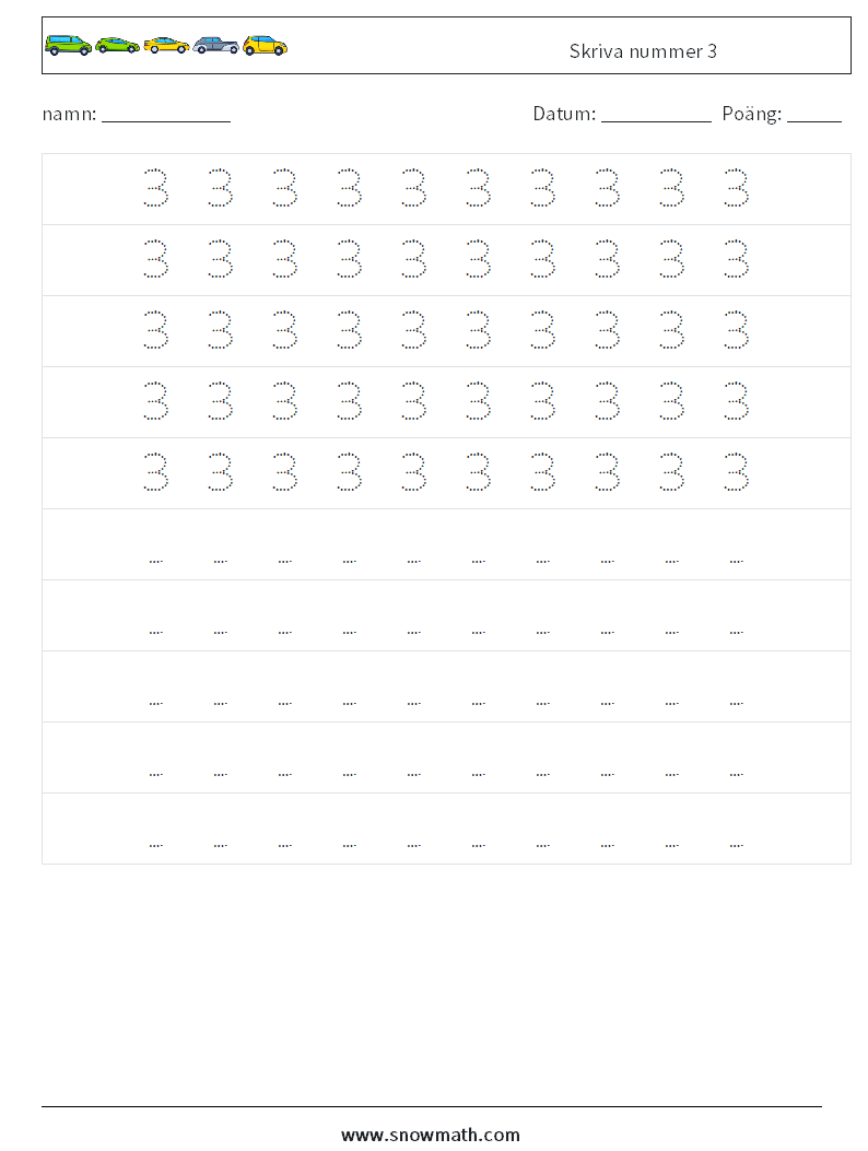 Skriva nummer 3 Matematiska arbetsblad 4