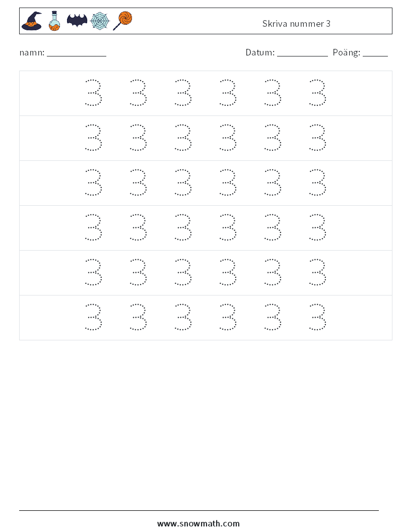 Skriva nummer 3 Matematiska arbetsblad 6