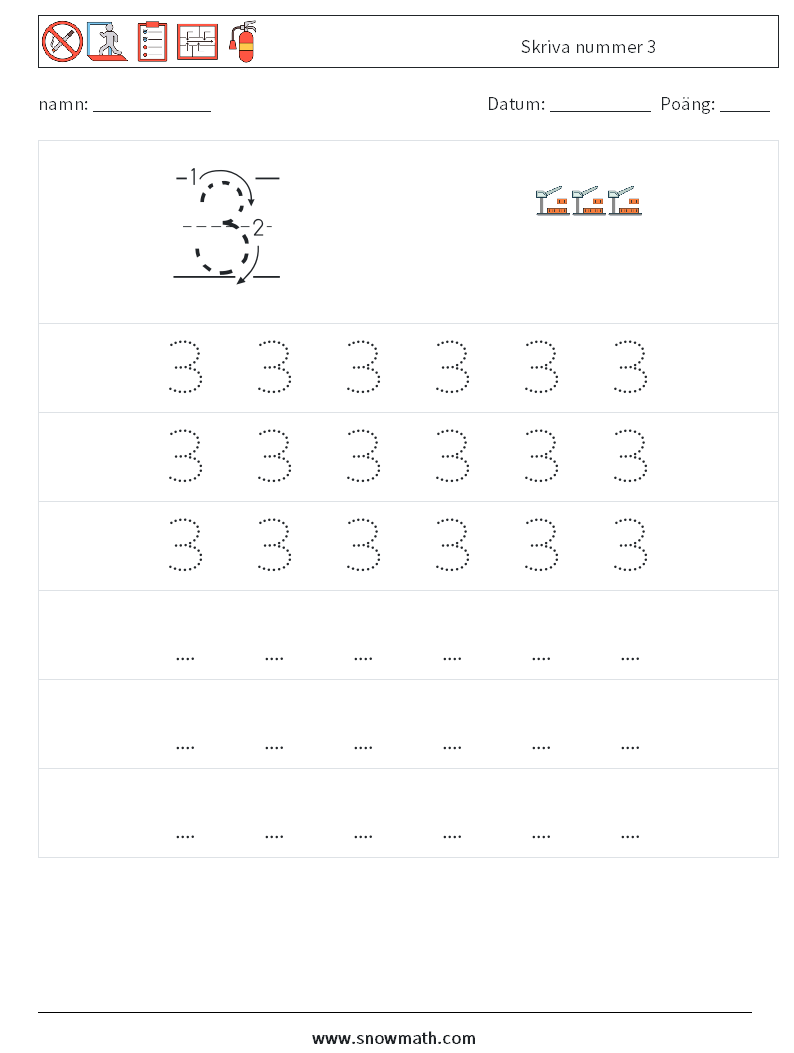 Skriva nummer 3 Matematiska arbetsblad 7