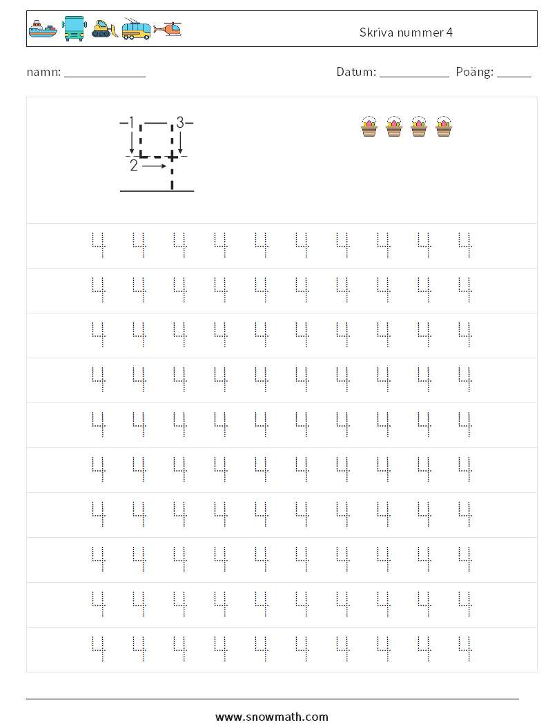 Skriva nummer 4 Matematiska arbetsblad 1