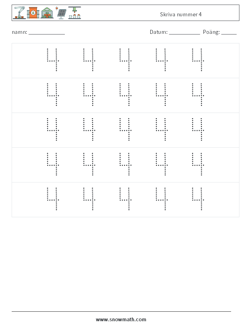 Skriva nummer 4 Matematiska arbetsblad 10