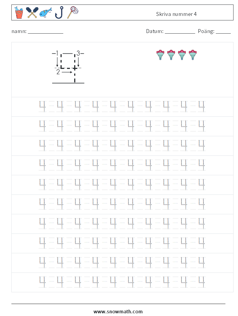 Skriva nummer 4 Matematiska arbetsblad 13