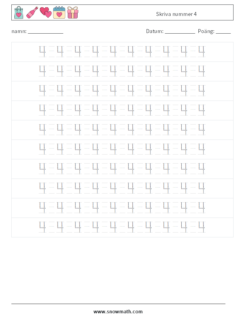 Skriva nummer 4 Matematiska arbetsblad 14