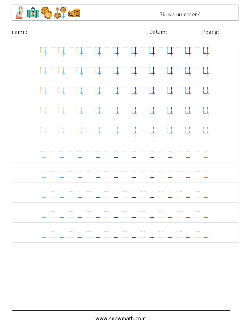 Skriva nummer 4 Matematiska arbetsblad 16