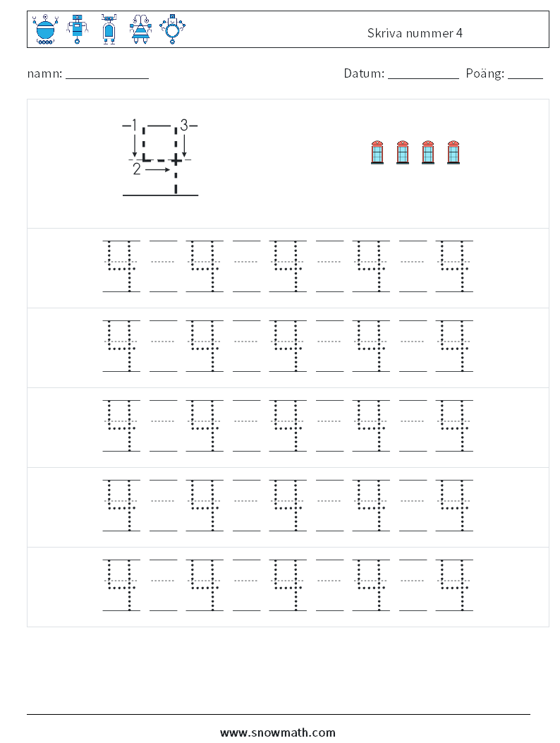 Skriva nummer 4 Matematiska arbetsblad 21