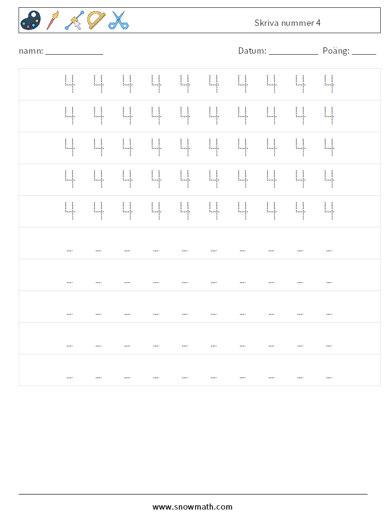 Skriva nummer 4 Matematiska arbetsblad 4