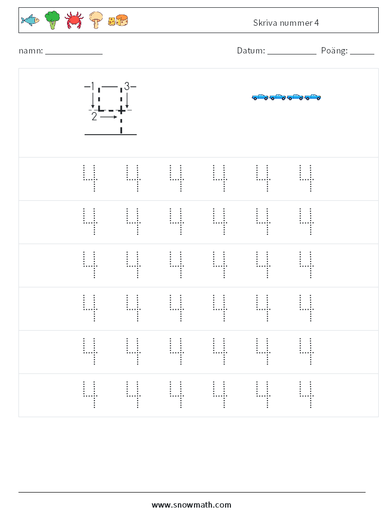 Skriva nummer 4 Matematiska arbetsblad 5