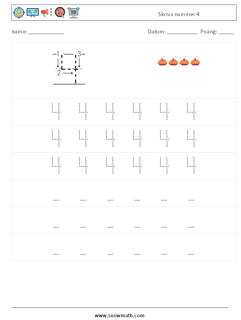 Skriva nummer 4 Matematiska arbetsblad 7