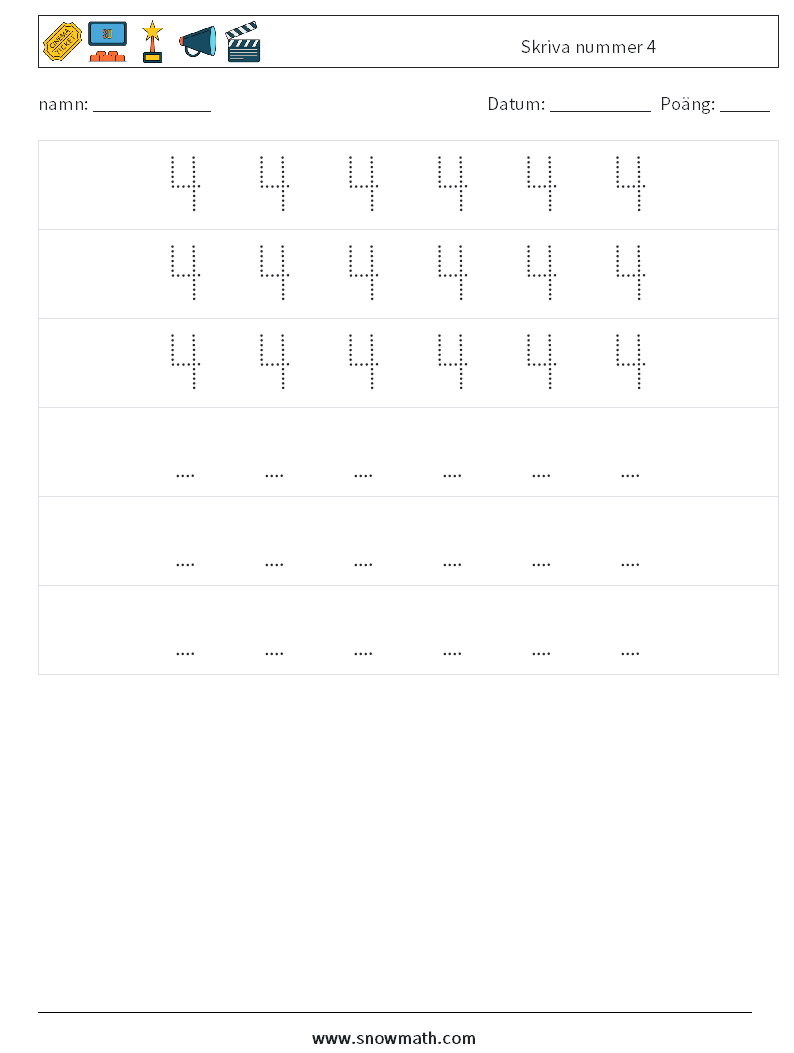 Skriva nummer 4 Matematiska arbetsblad 8