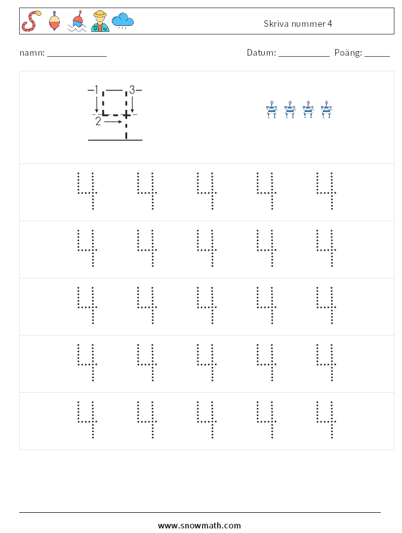 Skriva nummer 4 Matematiska arbetsblad 9