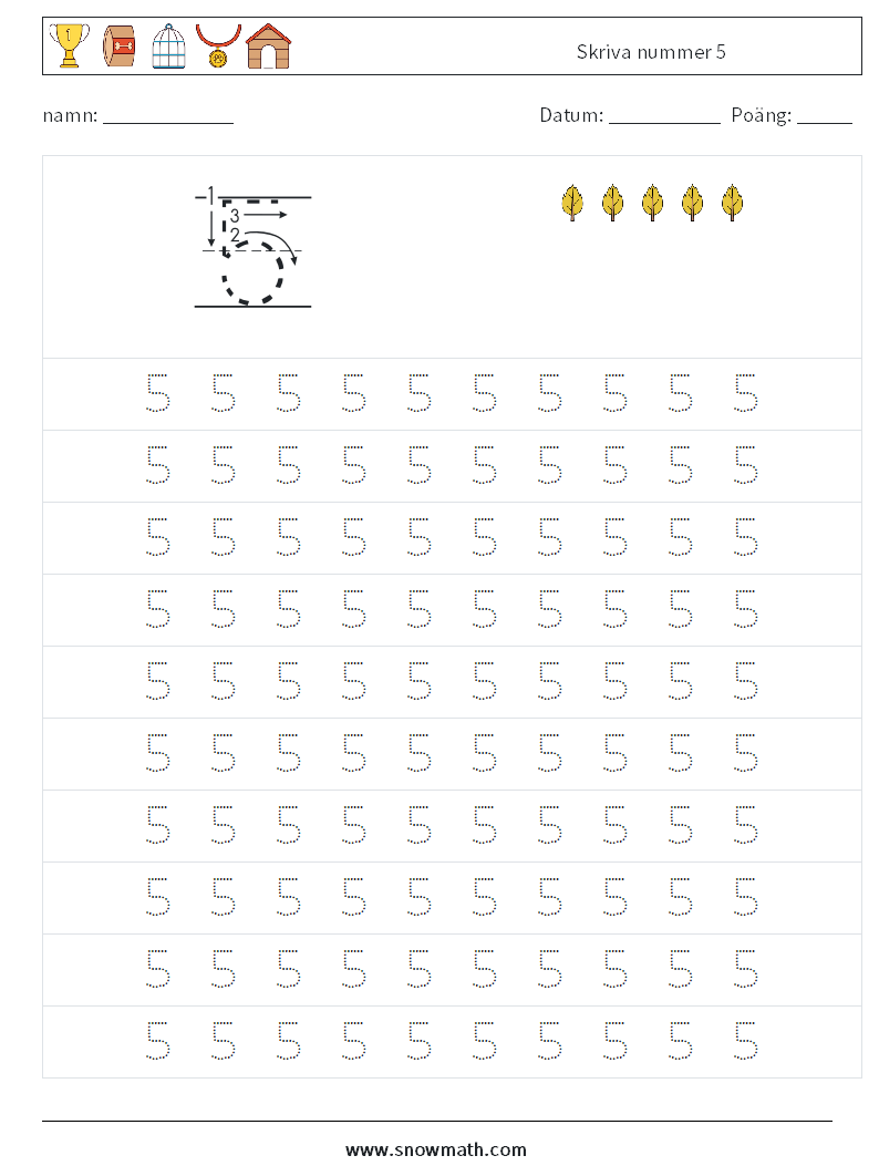 Skriva nummer 5 Matematiska arbetsblad 1