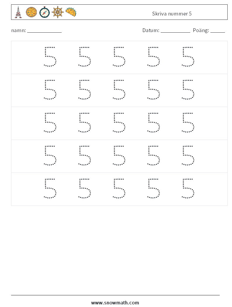 Skriva nummer 5 Matematiska arbetsblad 10