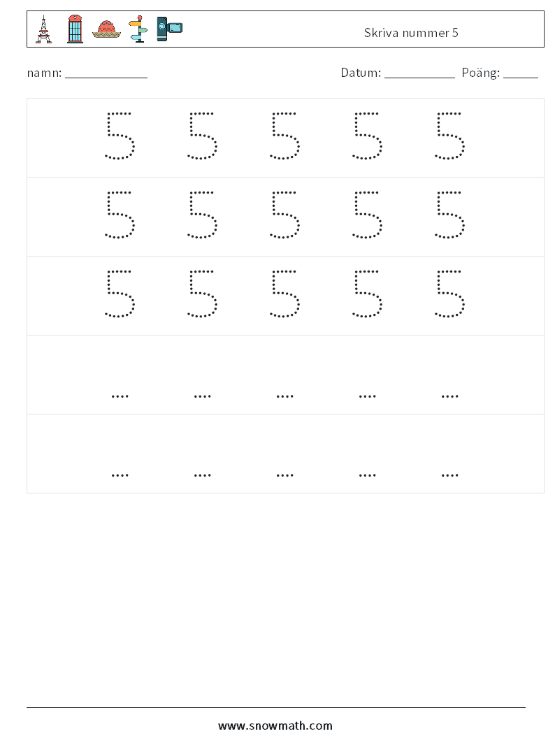 Skriva nummer 5 Matematiska arbetsblad 12