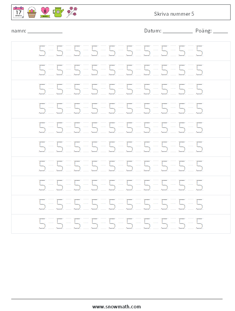 Skriva nummer 5 Matematiska arbetsblad 14