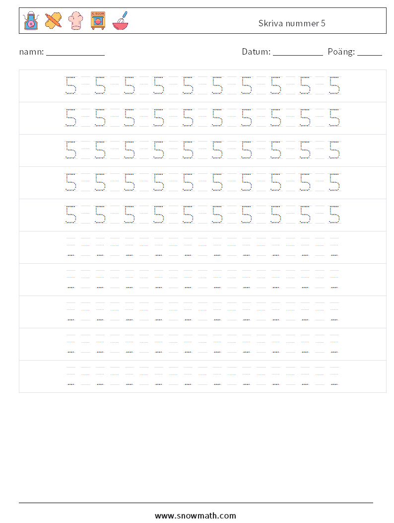 Skriva nummer 5 Matematiska arbetsblad 16