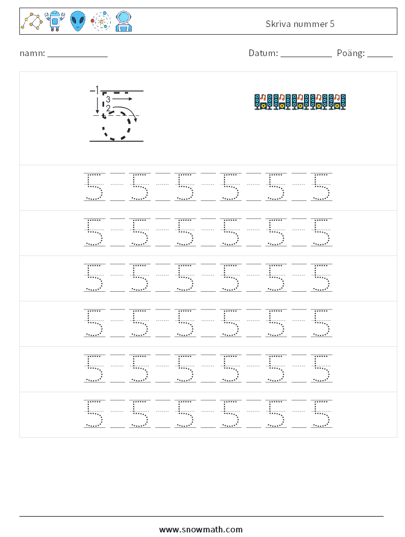 Skriva nummer 5 Matematiska arbetsblad 17