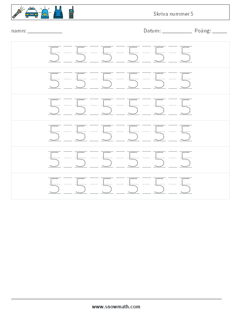 Skriva nummer 5 Matematiska arbetsblad 18