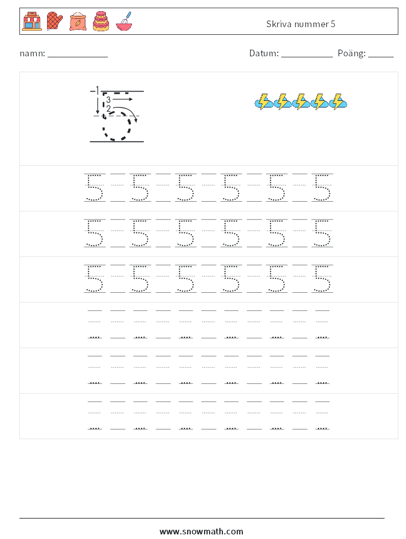 Skriva nummer 5 Matematiska arbetsblad 19