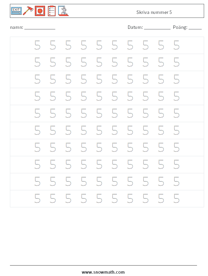 Skriva nummer 5 Matematiska arbetsblad 2