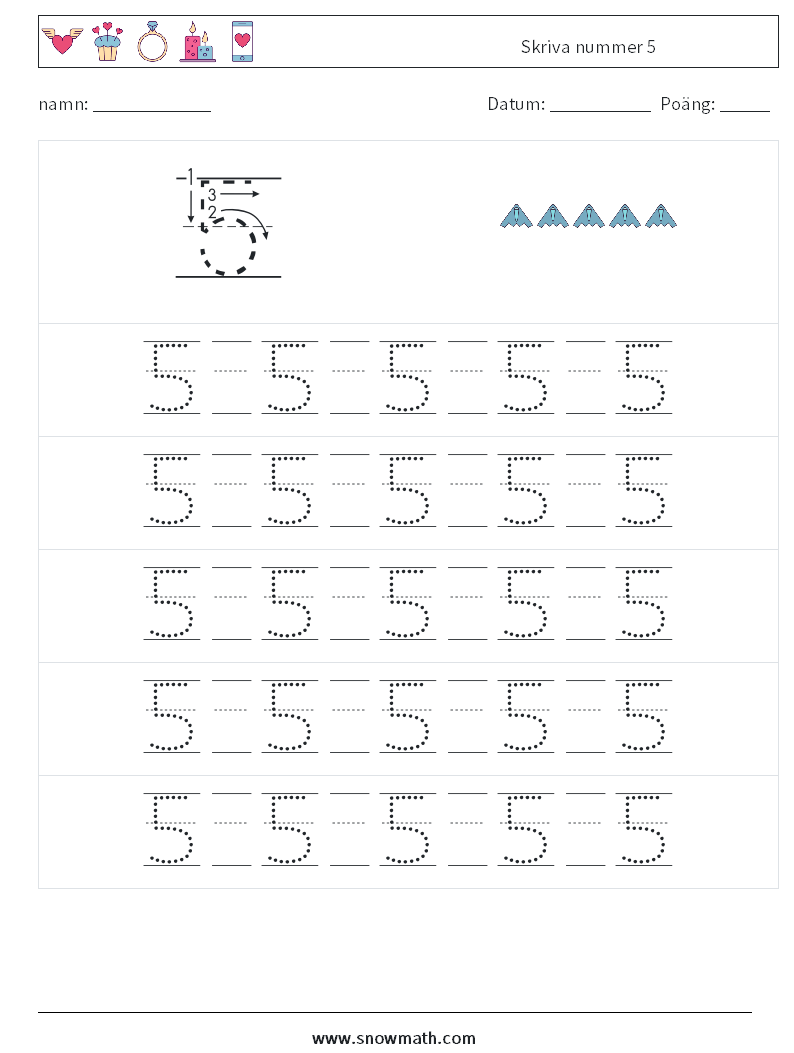 Skriva nummer 5 Matematiska arbetsblad 21