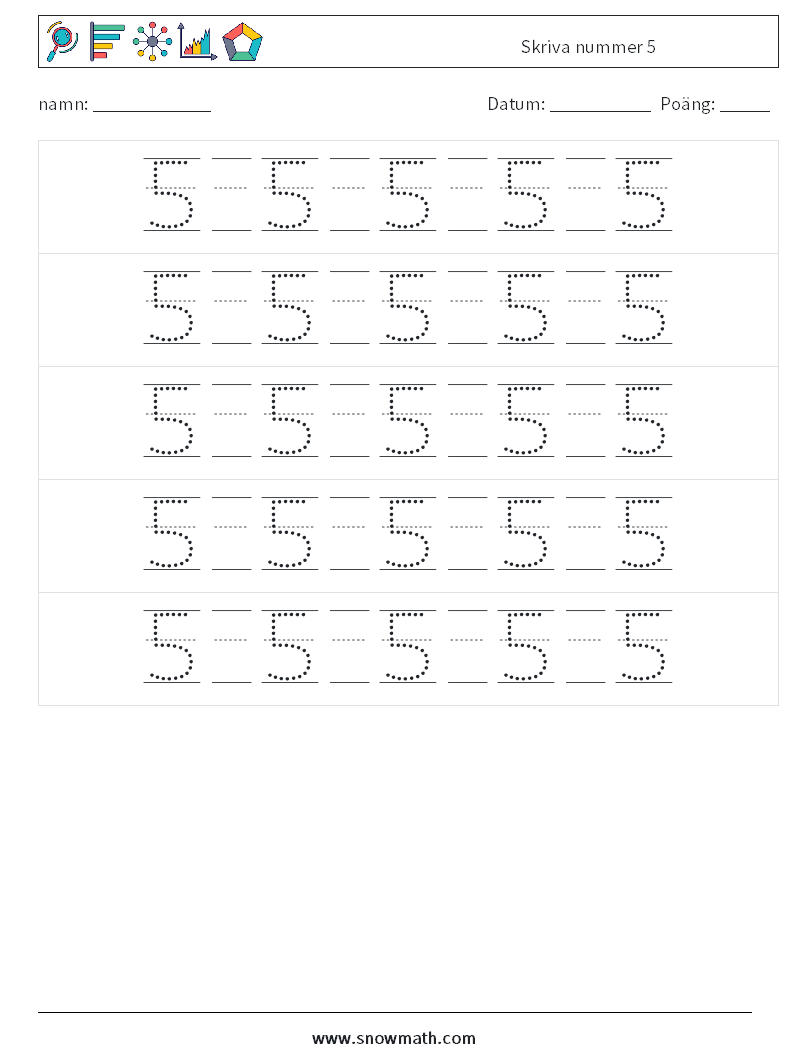 Skriva nummer 5 Matematiska arbetsblad 22