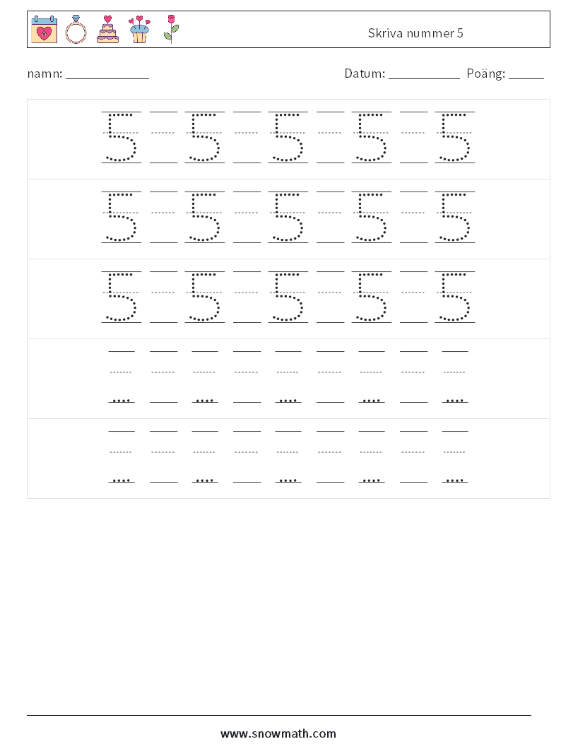 Skriva nummer 5 Matematiska arbetsblad 24