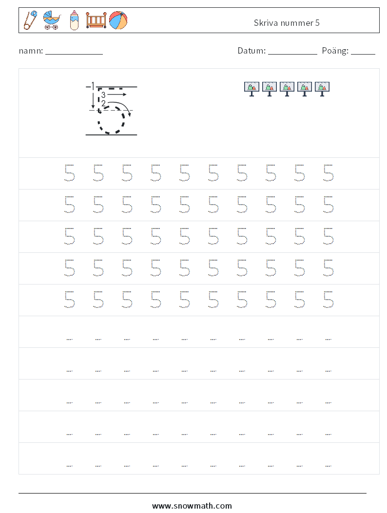 Skriva nummer 5 Matematiska arbetsblad 3