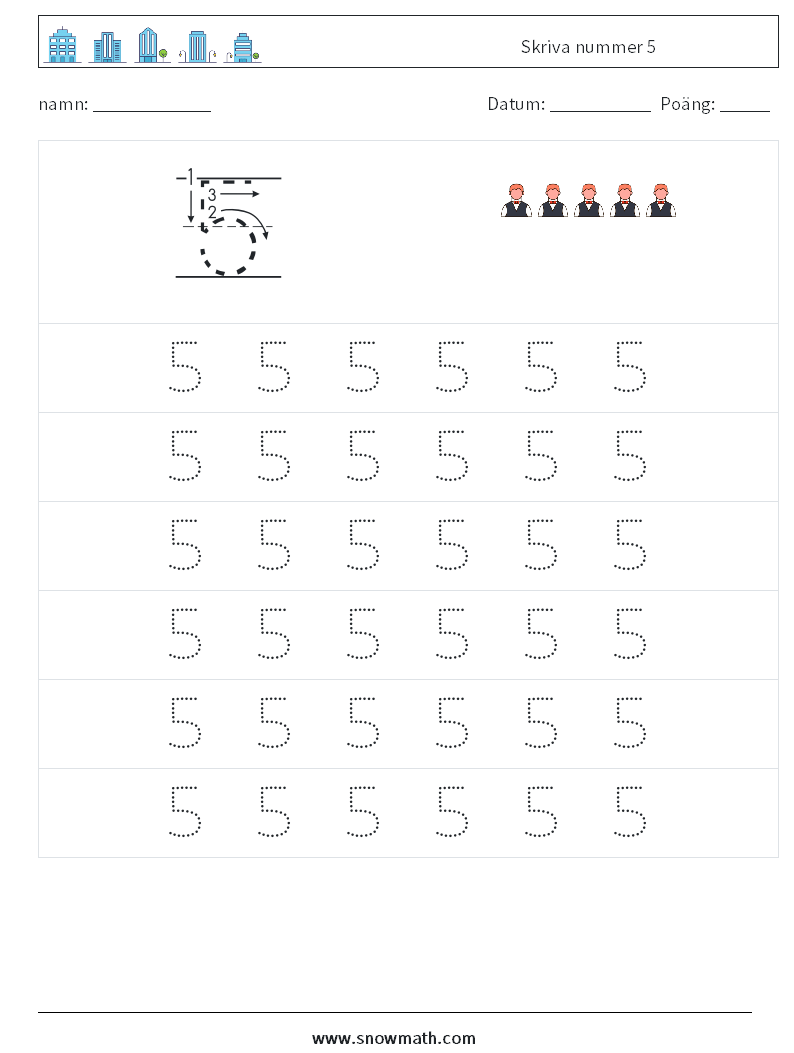 Skriva nummer 5 Matematiska arbetsblad 5