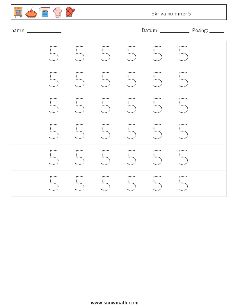 Skriva nummer 5 Matematiska arbetsblad 6