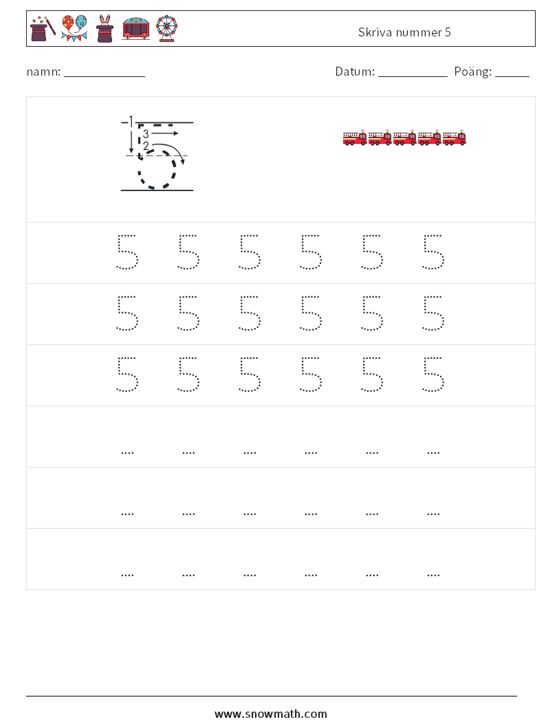 Skriva nummer 5 Matematiska arbetsblad 7