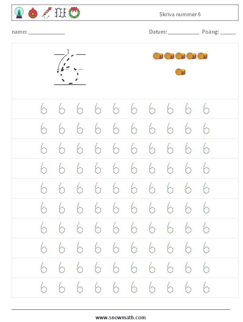 Skriva nummer 6 Matematiska arbetsblad 1