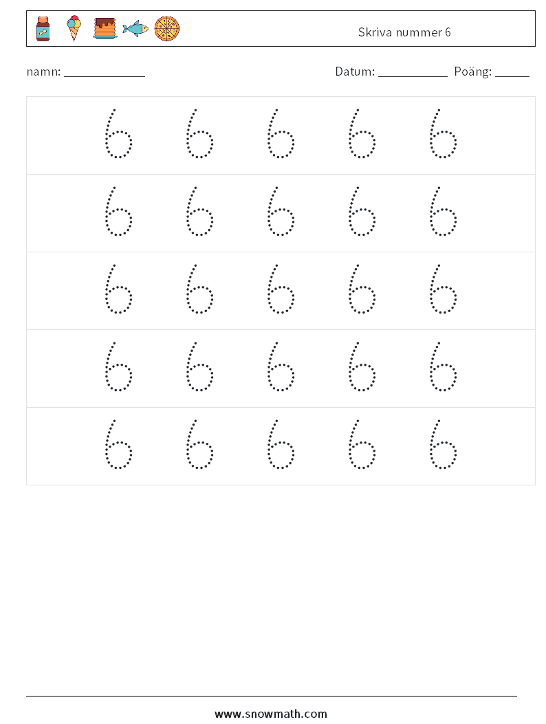 Skriva nummer 6 Matematiska arbetsblad 10