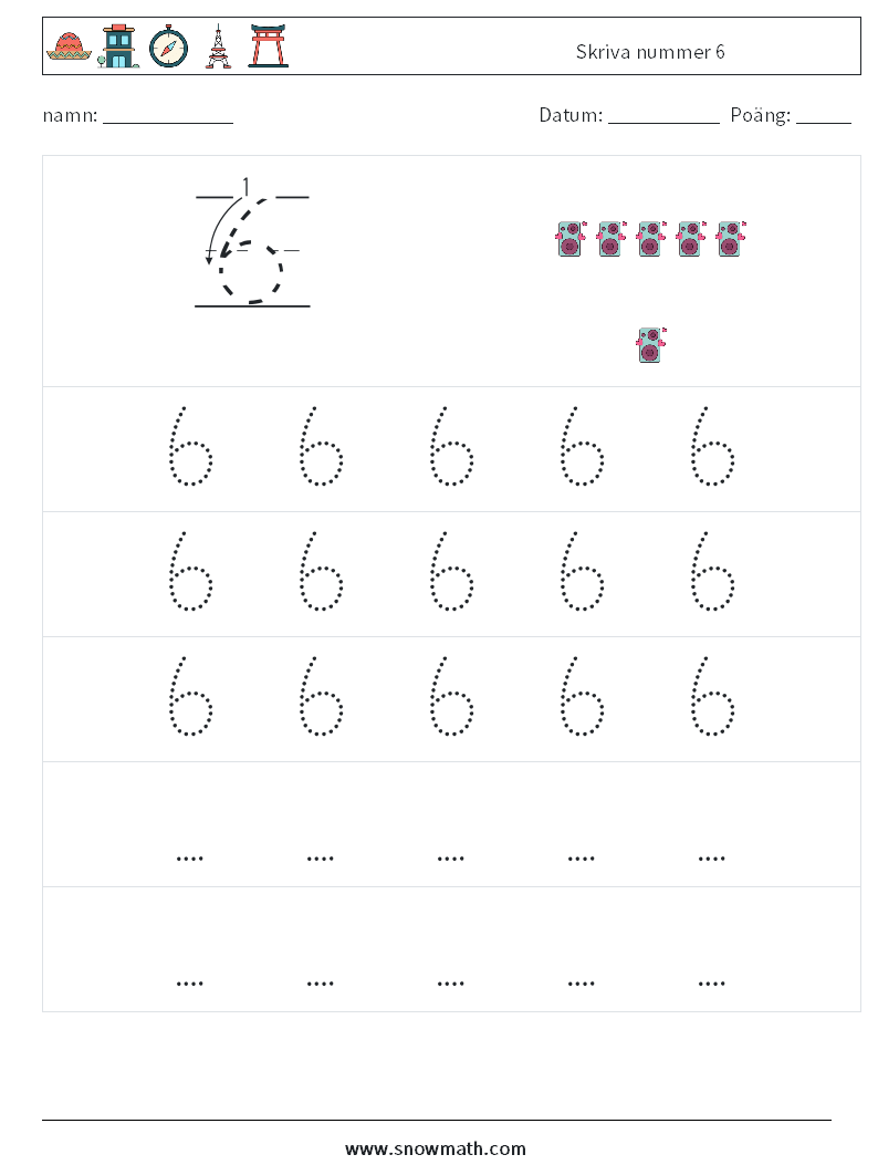 Skriva nummer 6 Matematiska arbetsblad 11