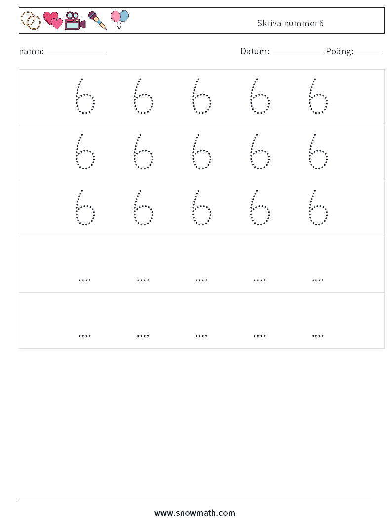 Skriva nummer 6 Matematiska arbetsblad 12