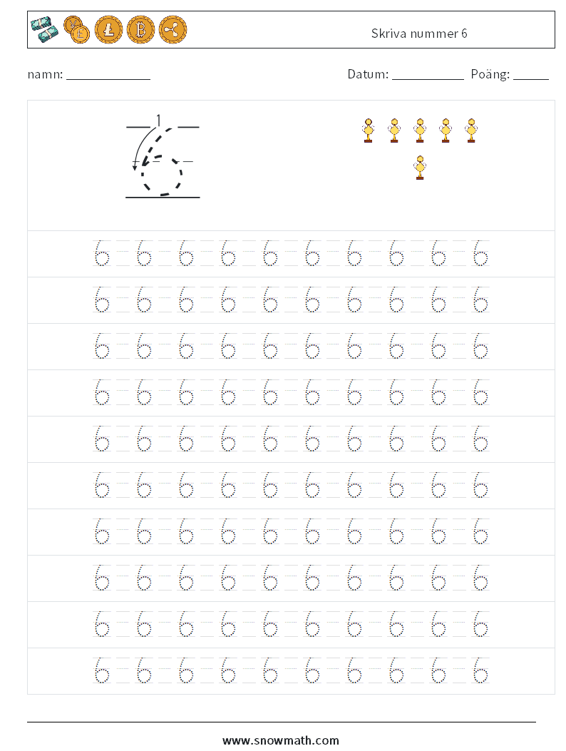 Skriva nummer 6 Matematiska arbetsblad 13