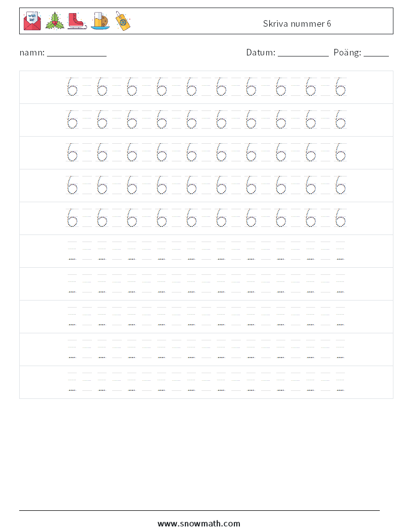 Skriva nummer 6 Matematiska arbetsblad 16