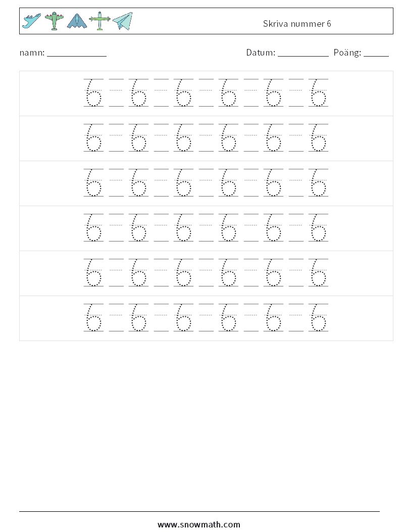 Skriva nummer 6 Matematiska arbetsblad 18