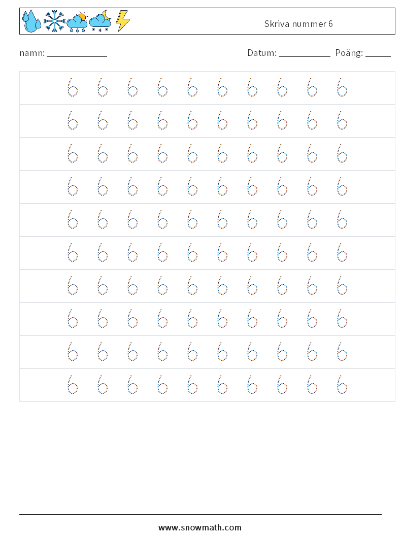 Skriva nummer 6 Matematiska arbetsblad 2