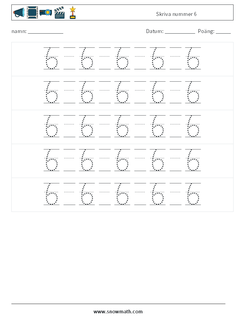 Skriva nummer 6 Matematiska arbetsblad 22