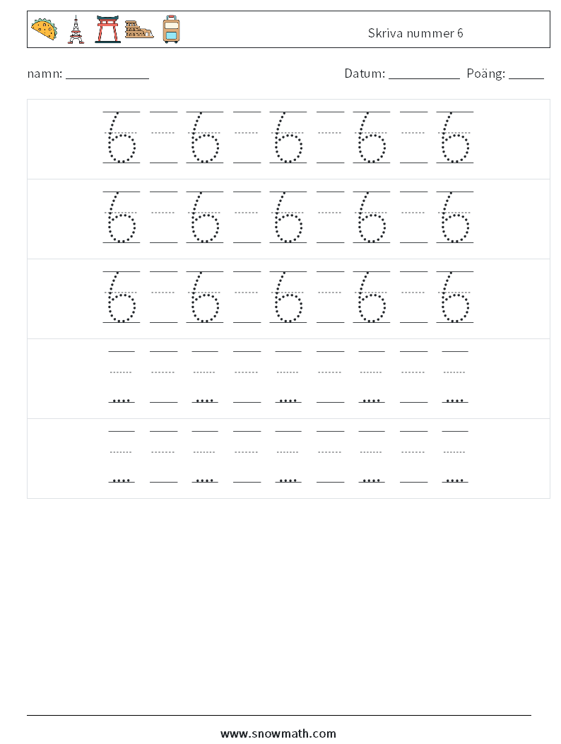 Skriva nummer 6 Matematiska arbetsblad 24