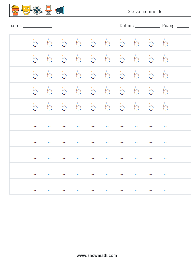 Skriva nummer 6 Matematiska arbetsblad 4