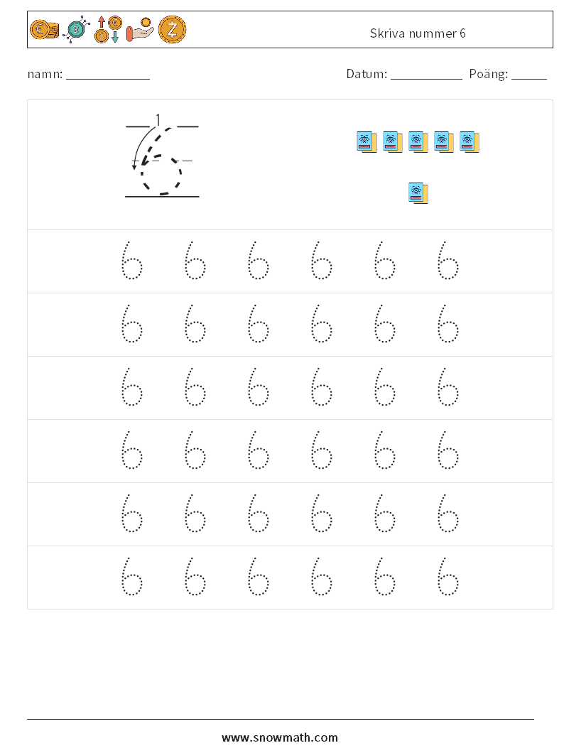 Skriva nummer 6 Matematiska arbetsblad 5