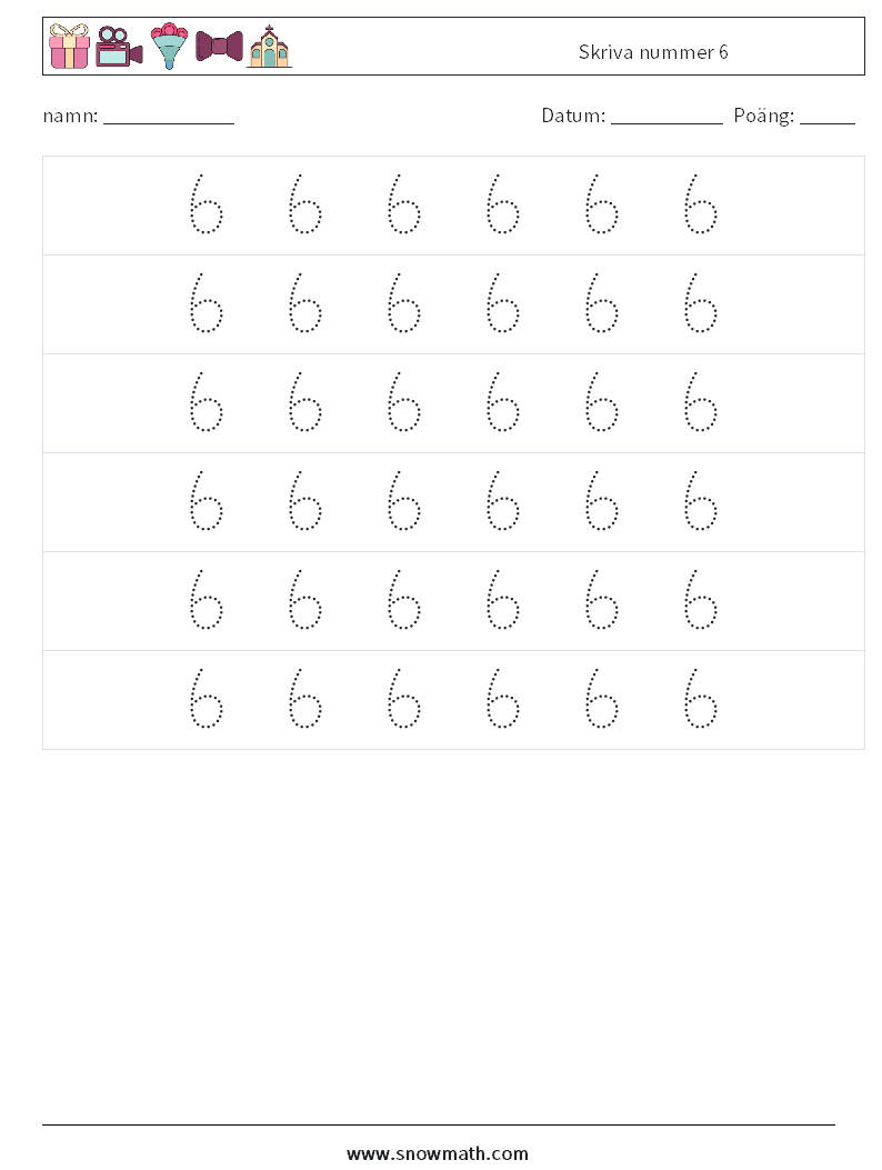 Skriva nummer 6 Matematiska arbetsblad 6