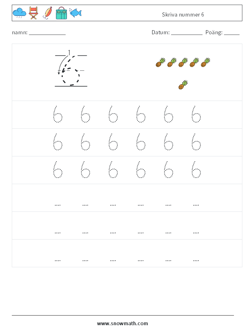 Skriva nummer 6 Matematiska arbetsblad 7