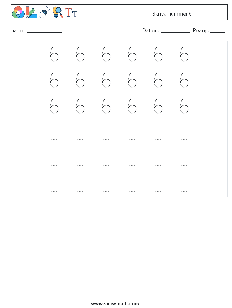 Skriva nummer 6 Matematiska arbetsblad 8