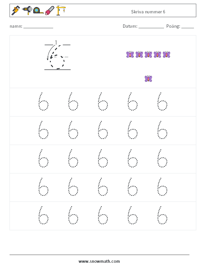 Skriva nummer 6 Matematiska arbetsblad 9