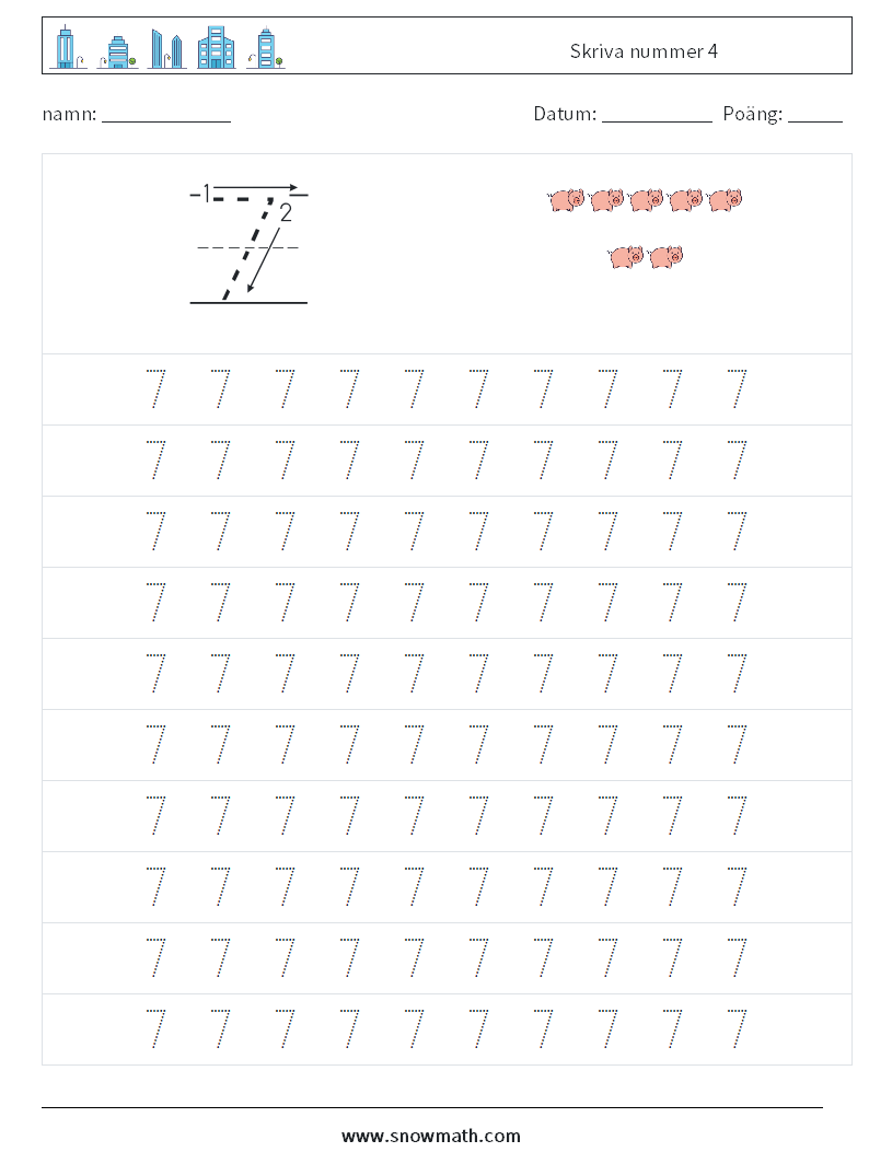 Skriva nummer 4 Matematiska arbetsblad 1