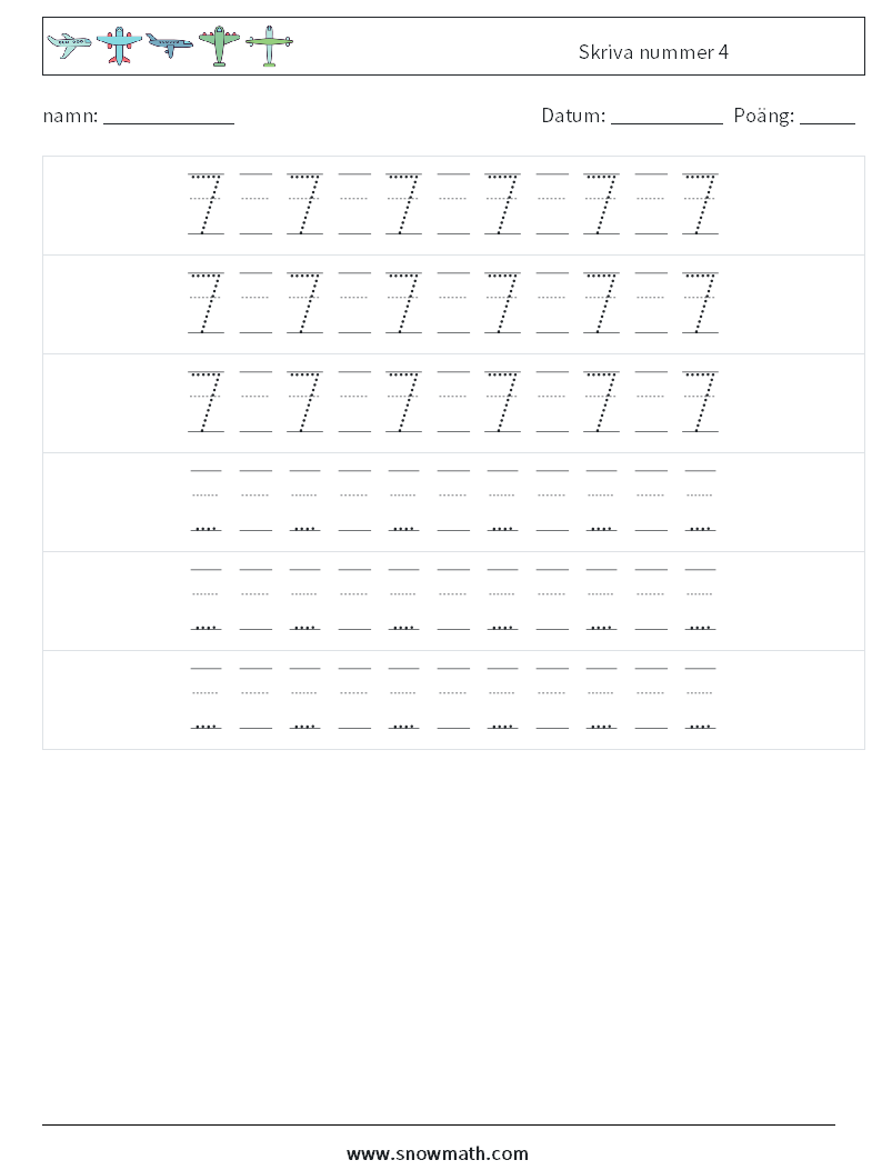 Skriva nummer 4 Matematiska arbetsblad 20