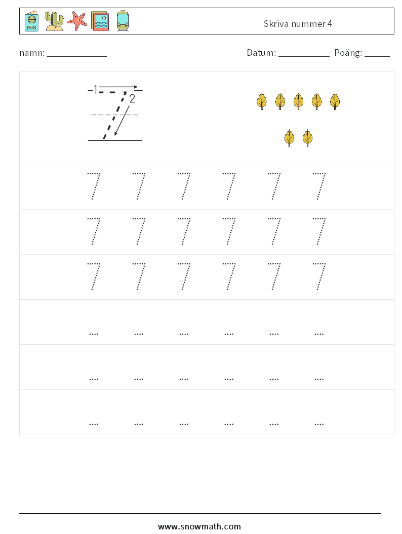 Skriva nummer 4 Matematiska arbetsblad 7